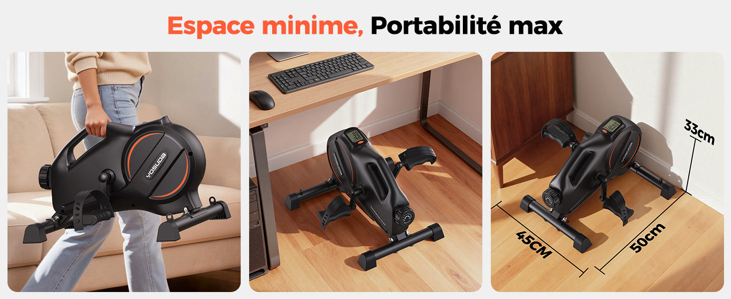 Le texte se lit comme suit : « Espace minime, Portabilité max ». Série d'images répétée montrant le même équipement d'exercice pliable sous le bureau que celui de la Figure 3.