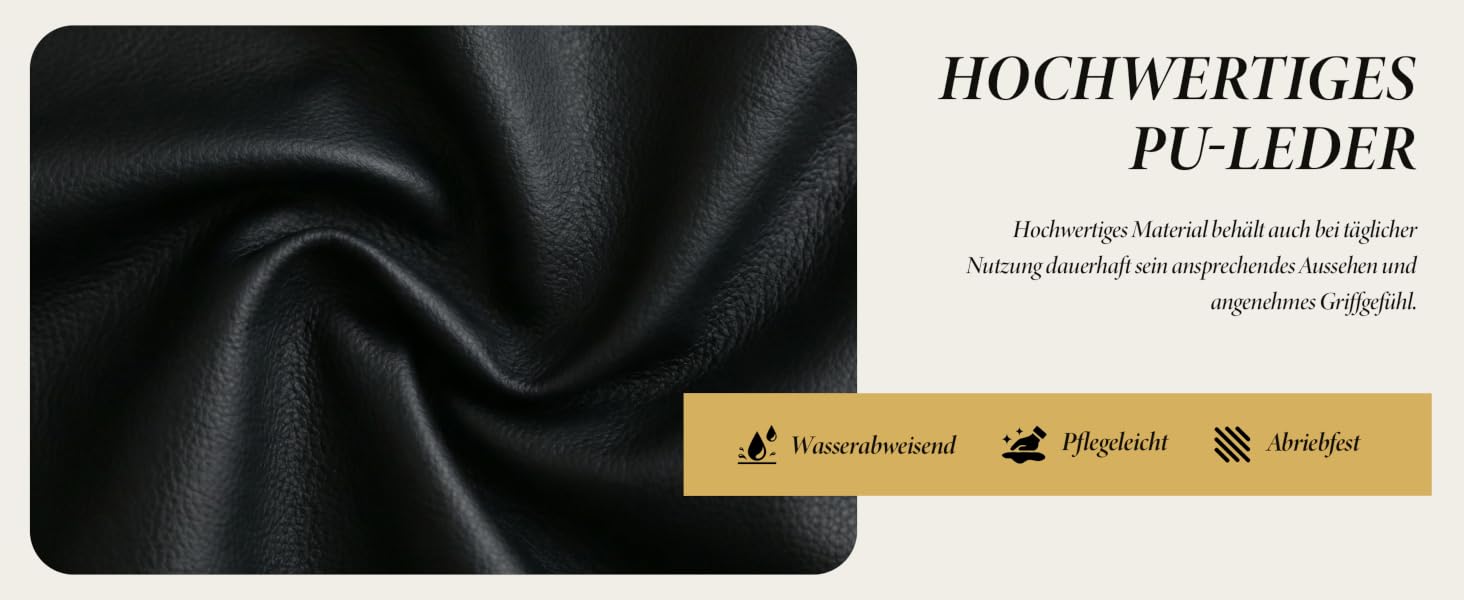 Der Text lautet „HOCHWERTIGES PU-LEDER“. Dunkles Produktbild mit Zahlungssymbolen wie PayPal und anderen sicheren Zahlungsmethoden.