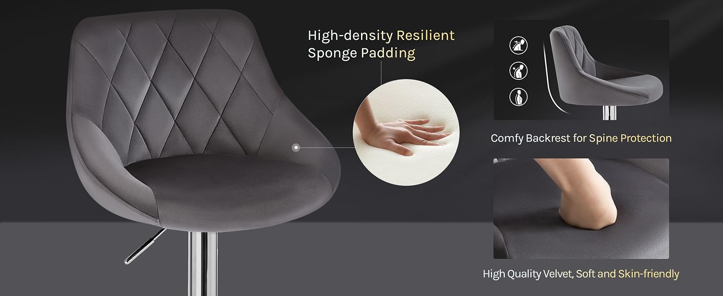 Gray quilted chair with swivel base.