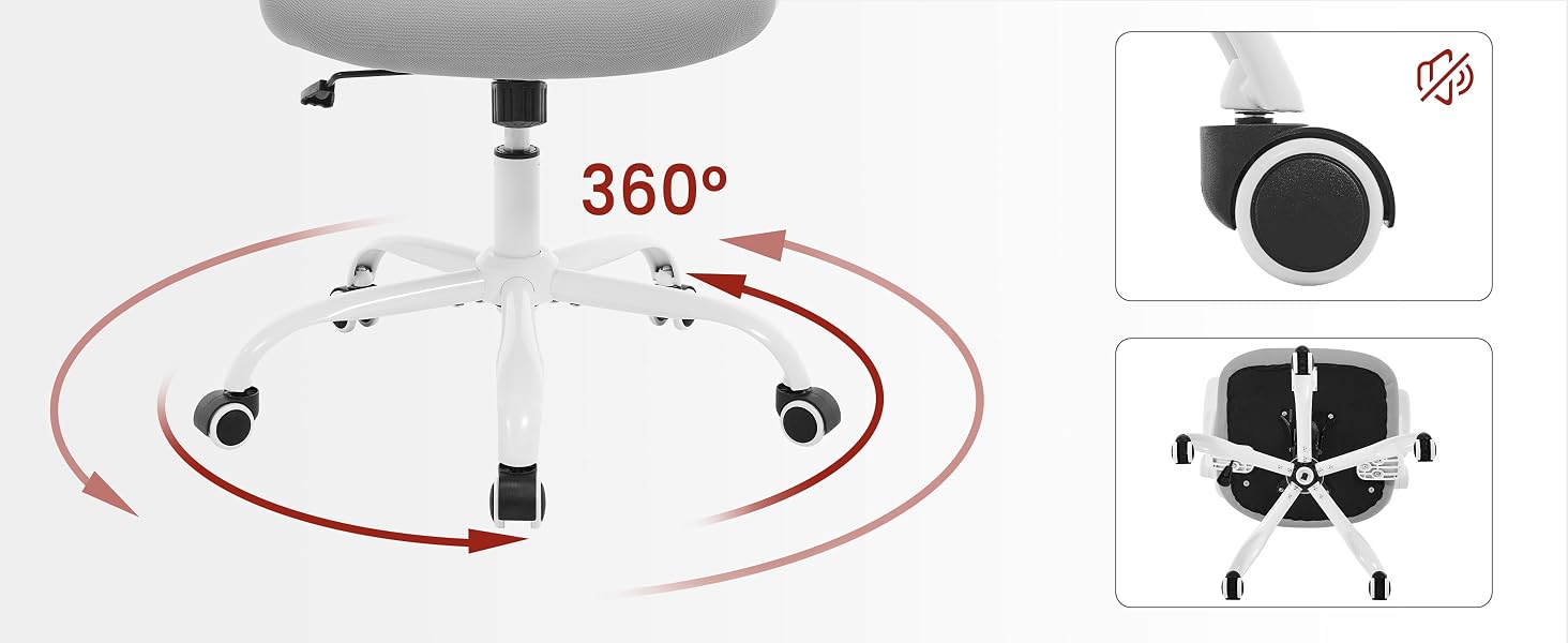 que muestra una capacidad de rotación de 360 grados, con ruedas y una columna de soporte central ilustradas desde varios ángulos