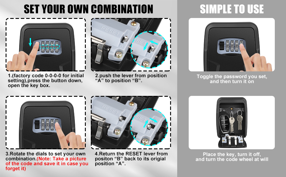 Instructions for using a combination lock key safe. Four-step process shown: entering code, opening box, storing key, and resetting lock.