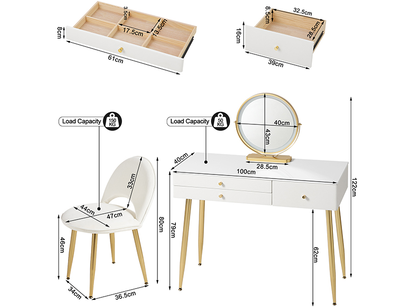 Technical diagram of a vanity table set showing detailed measurements, including drawer dimensions, chair specifications, and mirror placement