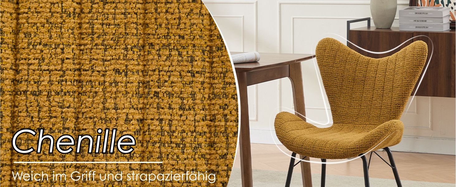 Der Text lautet „Chenille“. Nahaufnahme aus strukturiertem goldbraunem Stoff, der wie eine Polster- oder Möbelbespannung aussieht.
