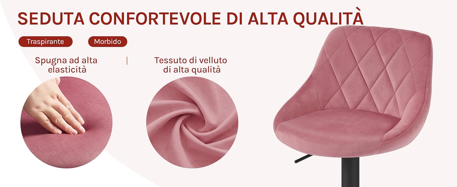 Sedia in velluto rosa con motivo trapuntato. Le caratteristiche includono tessuto in velluto di alta qualità, schiuma ad alta elasticità e comodi sedili. Le immagini ravvicinate mostrano la trama del tessuto e la morbidezza