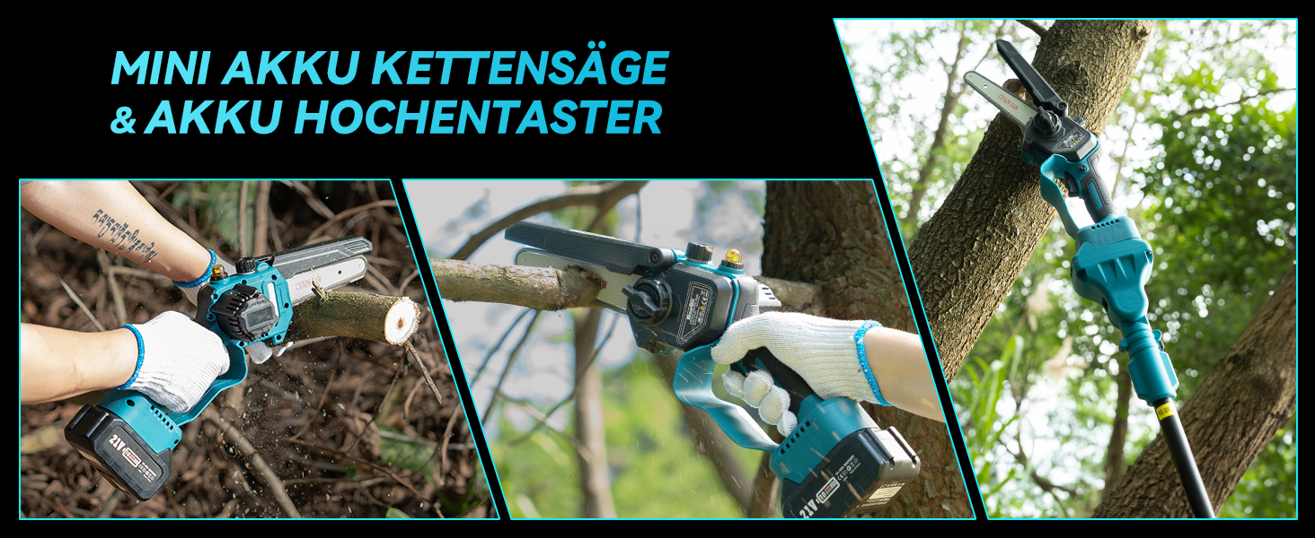 Zwei Bilder von elektrischen Gartengeräten: eine Mini-Kettensäge, die einen Ast schneidet, und eine Stangen-Heckenschere im Einsatz. Text auf Deutsch erwähnt 'Mini Akku Kettensäge'