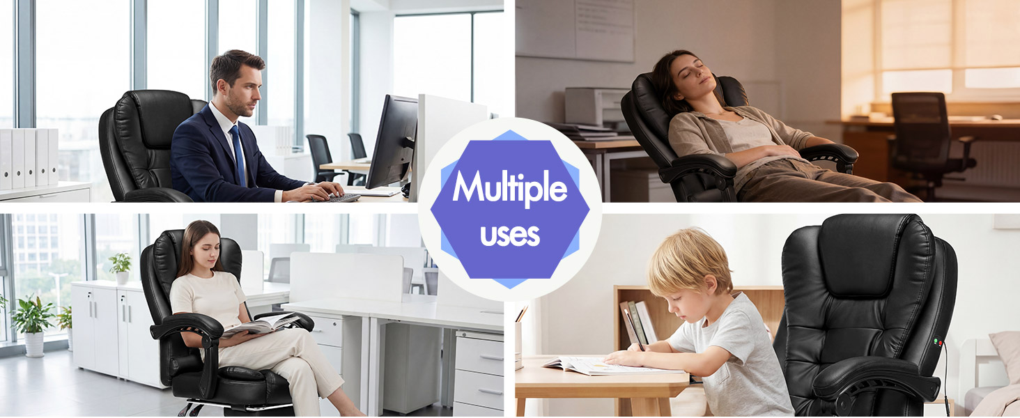Text reads "Multiple Uses". Composite showing four different office/home scenarios: man at computer, person on couch, child at desk, office chair detail shots.