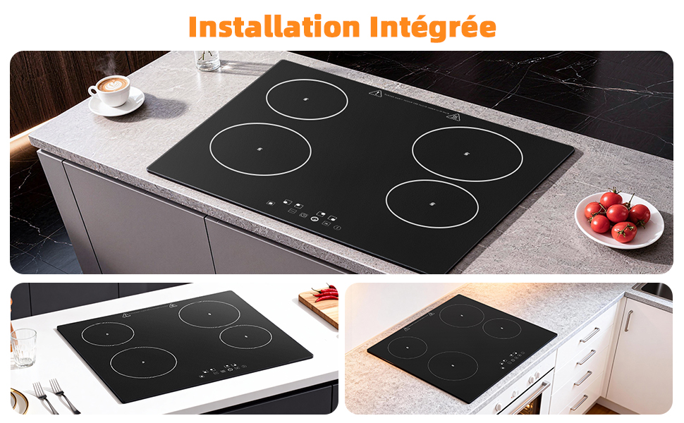 Le texte se lit comme suit : « Installation Intégrée ». Plusieurs photos de produits montrant le processus d'installation d'une table de cuisson à induction en verre noir sur les comptoirs de cuisine, avec des vues détaillées de l'installation.