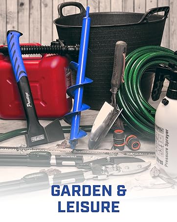 Multiple views showing storage organization of garden tools and equipment, featuring blue hanging hooks and wall-mounted system for hoses and tools.