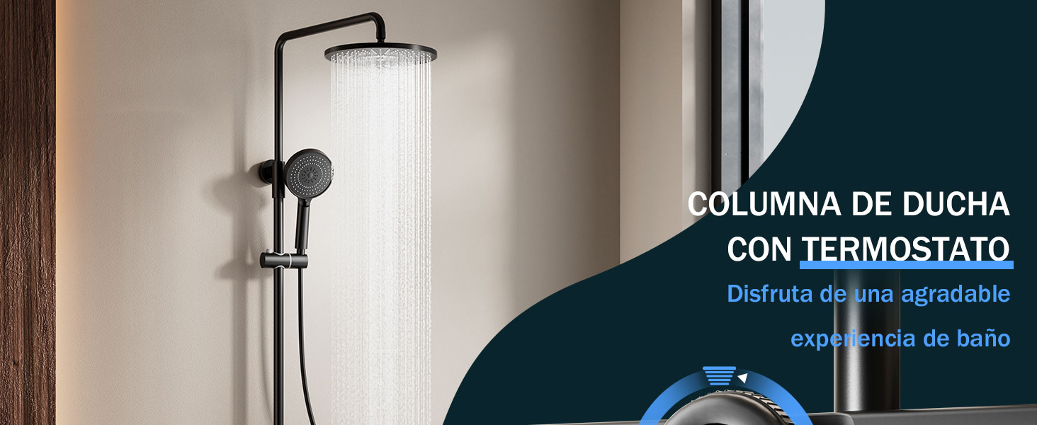 El texto dice «COLUMNA DE DUCHA CON TERMOSTATO». Moderno sistema de columna de ducha con control de termostato montado en la pared del baño.