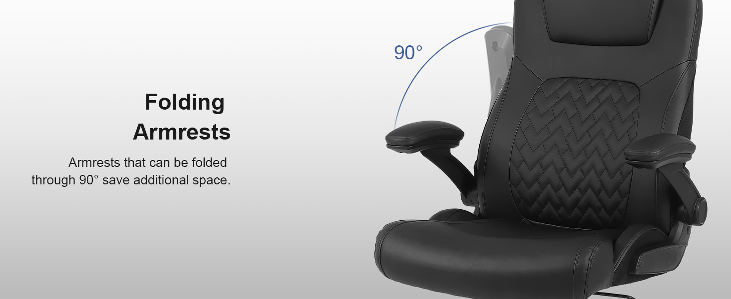 Black office chair featuring foldable armrests that can rotate 90 degrees, demonstrated in sequential positions.