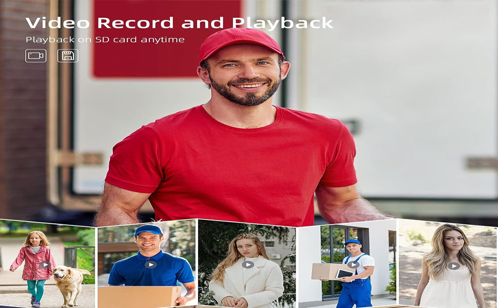 Interface affichant les options d'enregistrement et de lecture vidéo. L'image principale montre un homme vêtu d'un t-shirt rouge, avec de plus petites miniatures de personnes