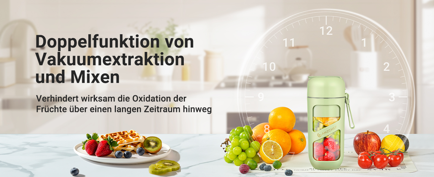 Vorführung eines Küchengeräts mit Vakuumextraktion und Mischfunktion, mit frischem Obst und Glasbehältern mit Smoothies vor einem Uhrenhintergrund