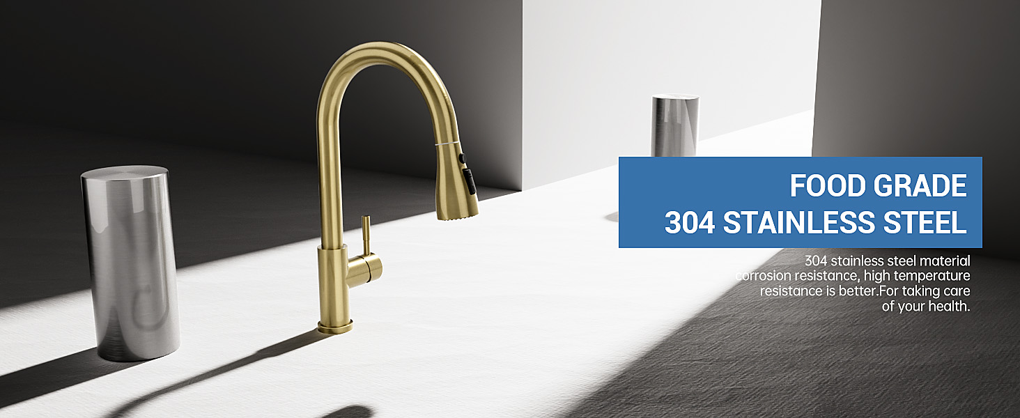 Modern kitchen faucet in gold finish with pull-down sprayer, featuring food-grade 304 stainless steel construction against black and white background.