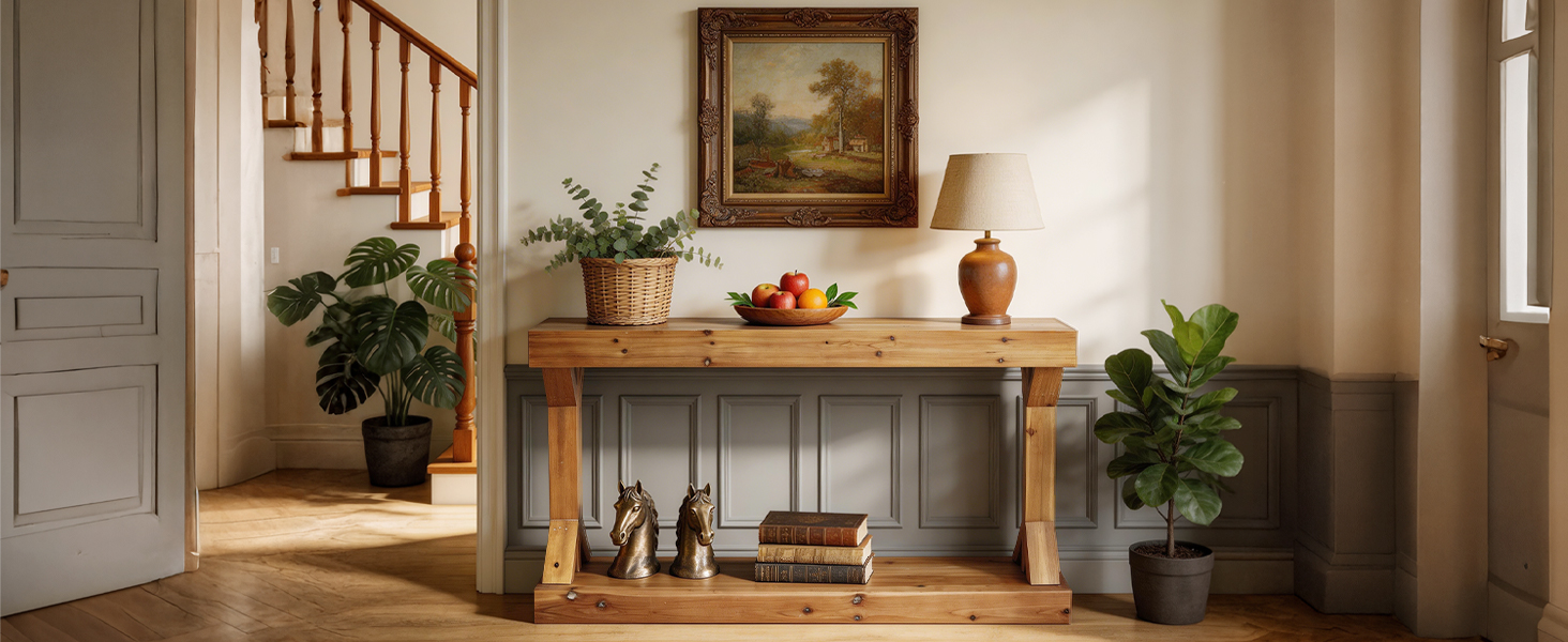 Pasillo interior decorado con mesa consola de madera con plantas verdes en macetas, objetos decorativos y obras de arte enmarcadas en las paredes. Elegante entrada a la casa con paleta de colores neutros e iluminación natural.