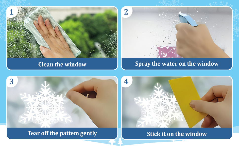 Decoración de ventanas en cuatro Escrito: Reinigen, Wasser sprühen, Muster abziehen und Aufkleber auf die Fensteroberfläche kleben