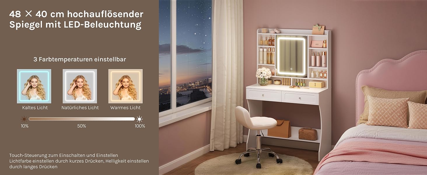 Der Text lautet „48" x 40 cm hochauflösender Spiegel mit LED-Beleuchtung“ (48" x 40 cm hochauflösender Spiegel mit LED-Beleuchtung). Die Produktbilder zeigen beleuchtete Badezimmer-Schminkspiegel in Schlaf- und Badezimmereinrichtungen mit warmer Beleuchtung.