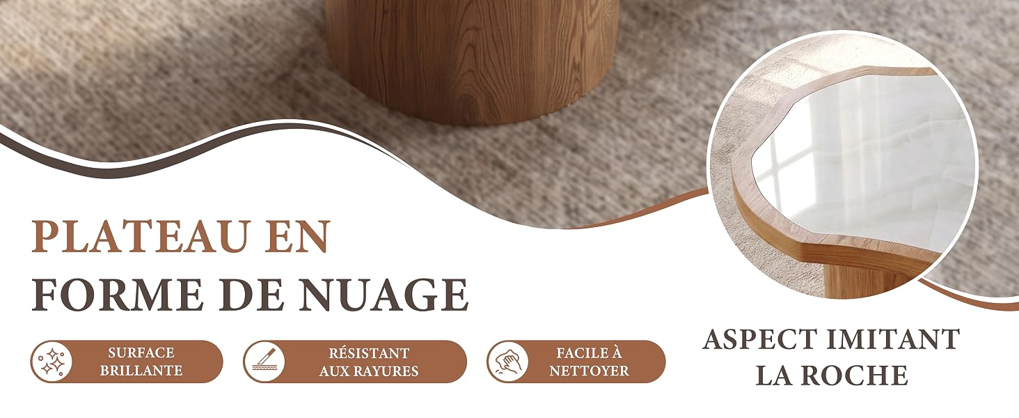 Le texte indique « PLATEAU EN FORME DE NUAGE » et « ASPECT IMITANT LA ROCHE ». Plateau en forme de nuage avec surface texturée. Produit présenté avec un grain de bois naturel et des détails ressemblant à de la pierre.