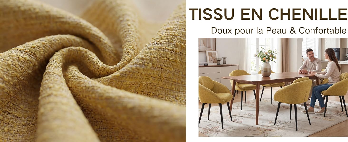 Le texte indique « TISSU EN CHENILLE » et « Doux pour la Peau &amp; Confortable ». Gros plan de la texture du tissu chenille beige à gauche ; à droite, le tissu utilisé dans une salle à manger moderne avec des chaises rembourrées.
