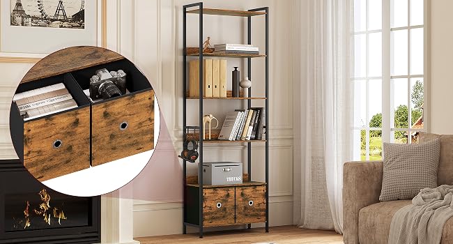 Metal-framed storage shelf with woven rattan baskets on lower shelves, displayed in living room with armchair and windows. Inset detail shows woven basket compartments with decorative items and jewelry storage.