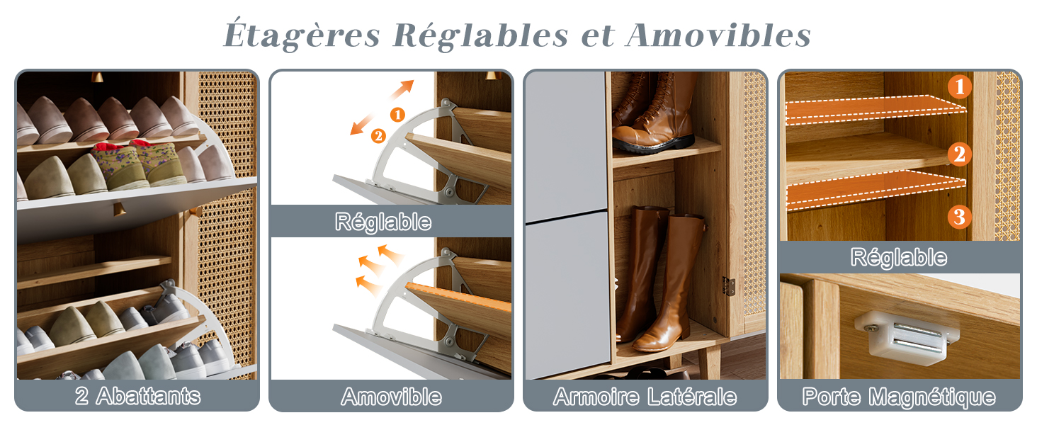 Le texte se lit comme suit : « Étagères Actuelles et Amovibles ». Série d'images d'installation du produit montrant les étapes d'assemblage du système d'étagères modulaires et le processus de montage.