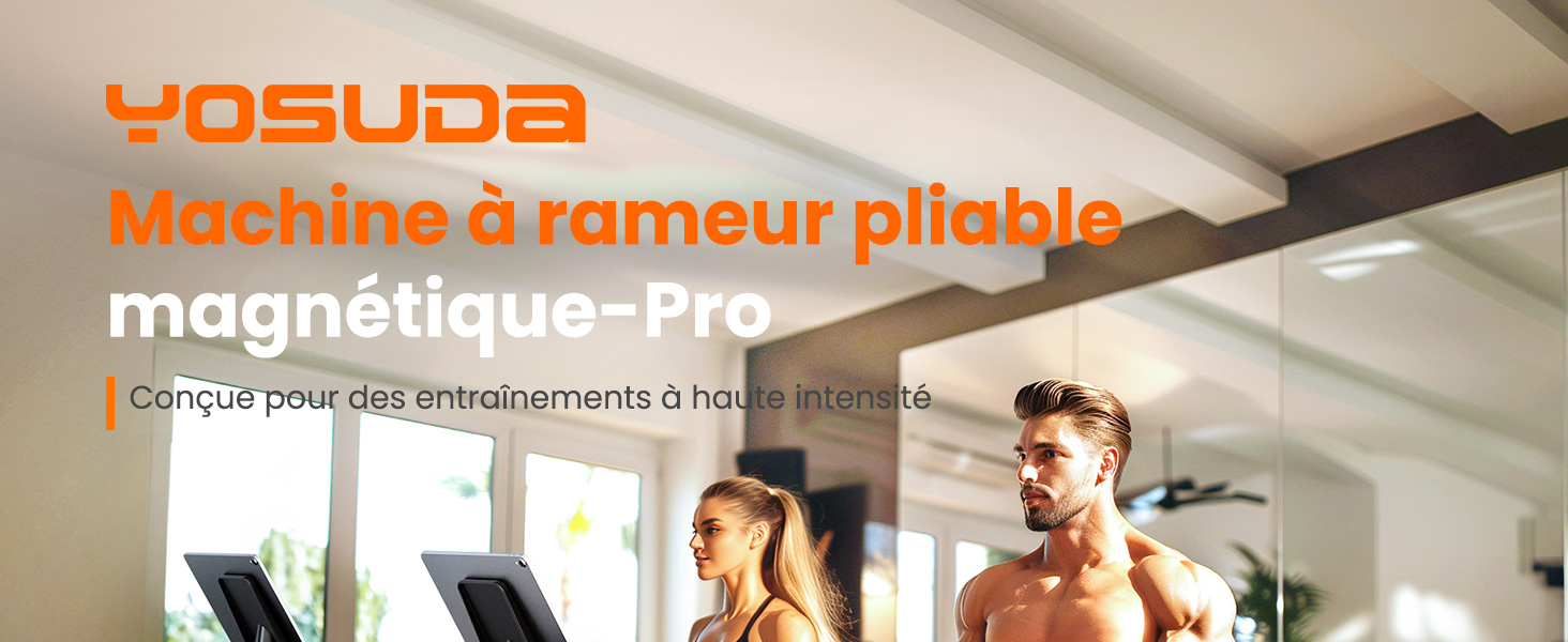 Le texte indique « YOSUDA » et « Machine à rameur pliable ». Images montrant des appareils d'exercice dans ce qui semble être une maison ou une salle de sport.