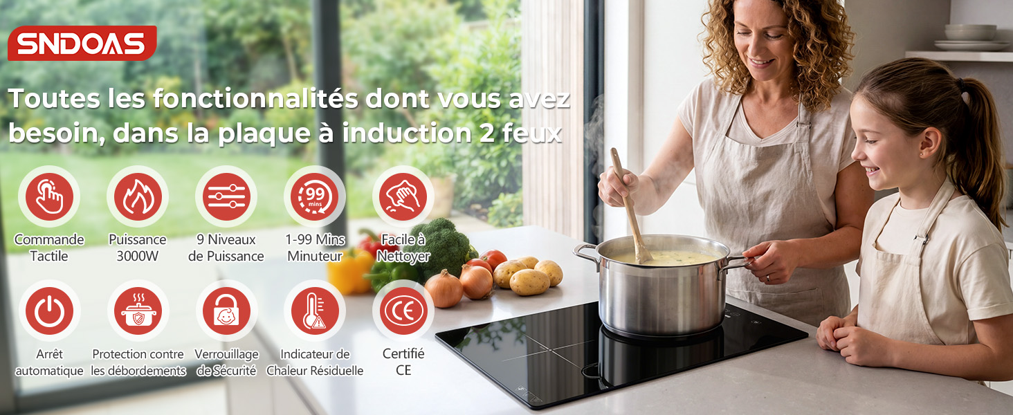 Le texte indique « SHODAS » avec des icônes circulaires illustrant les caractéristiques de la cuisine. Femme et enfant devant un évier de cuisine avec robinet pulvérisateur, mettant en évidence les fonctions de conservation de l'eau et de nettoyage facile.