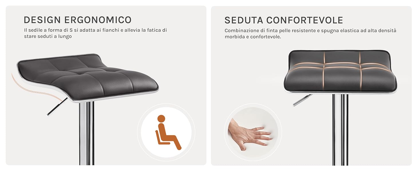 Sgabello da bar grigio regolabile con seduta ergonomica. Le immagini del prodotto mostrano le caratteristiche di comfort e la regolazione dell'altezza