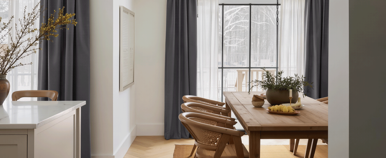 Aménagement intérieur de la pièce montrant une salle à manger avec une table en bois, des chaises et une fenêtre avec rideaux.