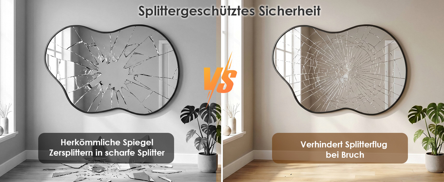 Le texte se lit comme suit : « Splittergeschützte Sicherheit », « Haltegriff in schöne Spiegel » et « Vollflächig Spiegelung bis zum Rand ». Comparaison sur écran partagé montrant un miroir rond avant et après traitement avec un revêtement protecteur.