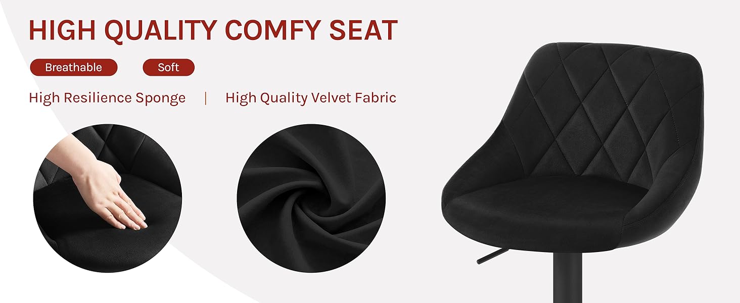 Black quilted office chair seat featuring high resilience sponge and velvet fabric, with product features shown in circular detail images.