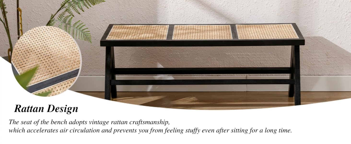 Wooden bench with rattan seat panels and black frame. Features cross-leg design and rattan weave detail. Inset shows close-up of rattan texture.