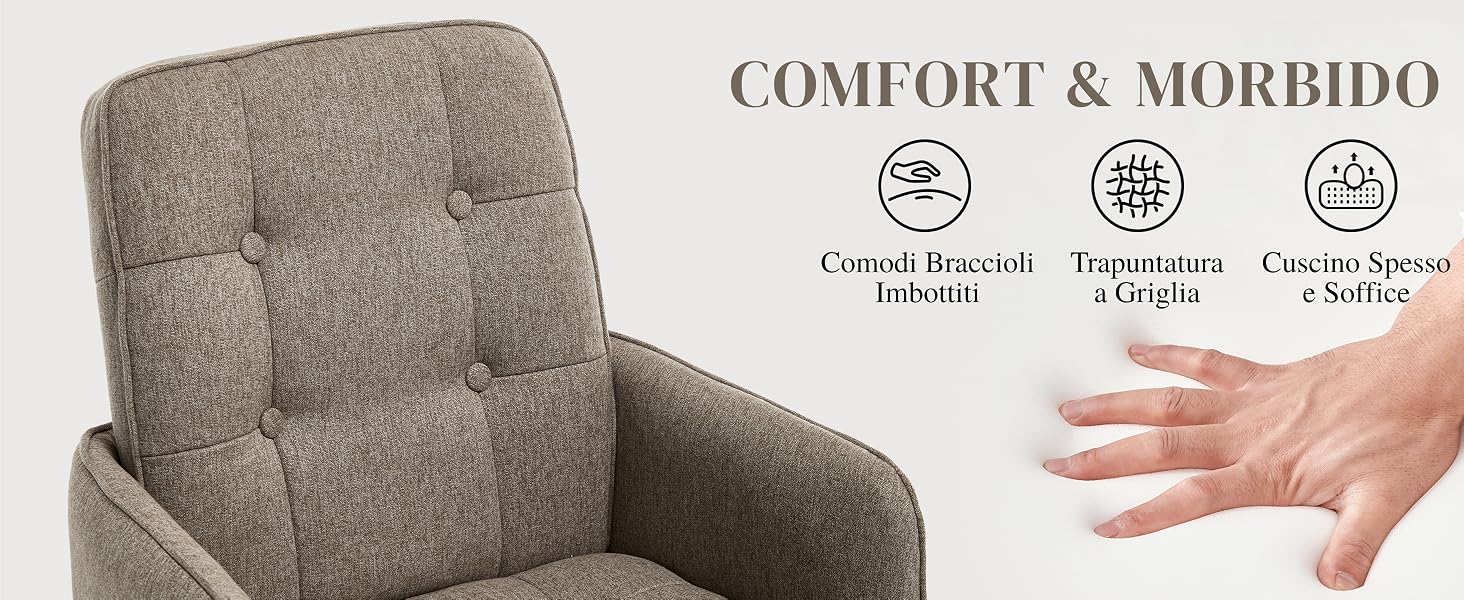 Il testo recita «COMFORT & MORBIDO». Tessuto o materiale tessile grigio illustrato a mano. Icone dei prodotti che mostrano le caratteristiche di comfort.