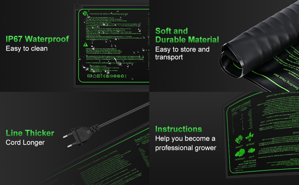 Diagrama de producto en negro con texto en verde que resalta las características, incluyendo la clasificación de impermeabilidad IP67, el grosor de la línea y las propiedades del material flexible