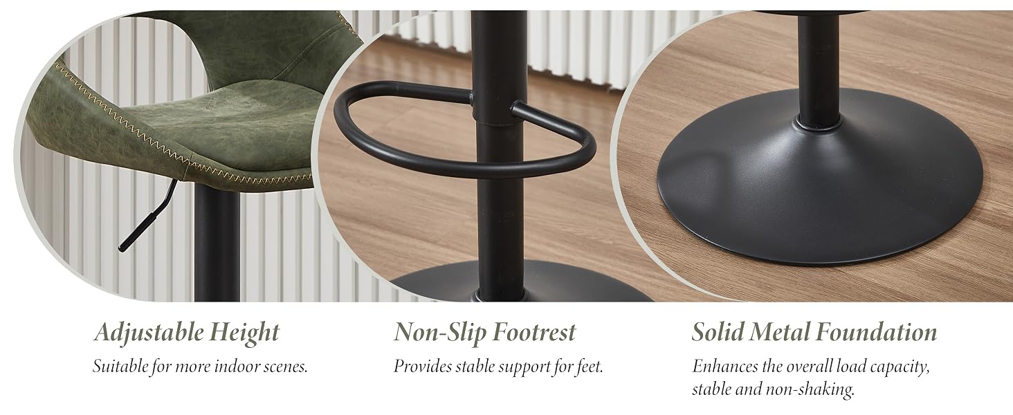 Text reads: 'Adjustable Height', 'Non-Slip Footrest', 'Solid Metal Foundation'. Shows three detailed features of a barstool or chair base construction.
