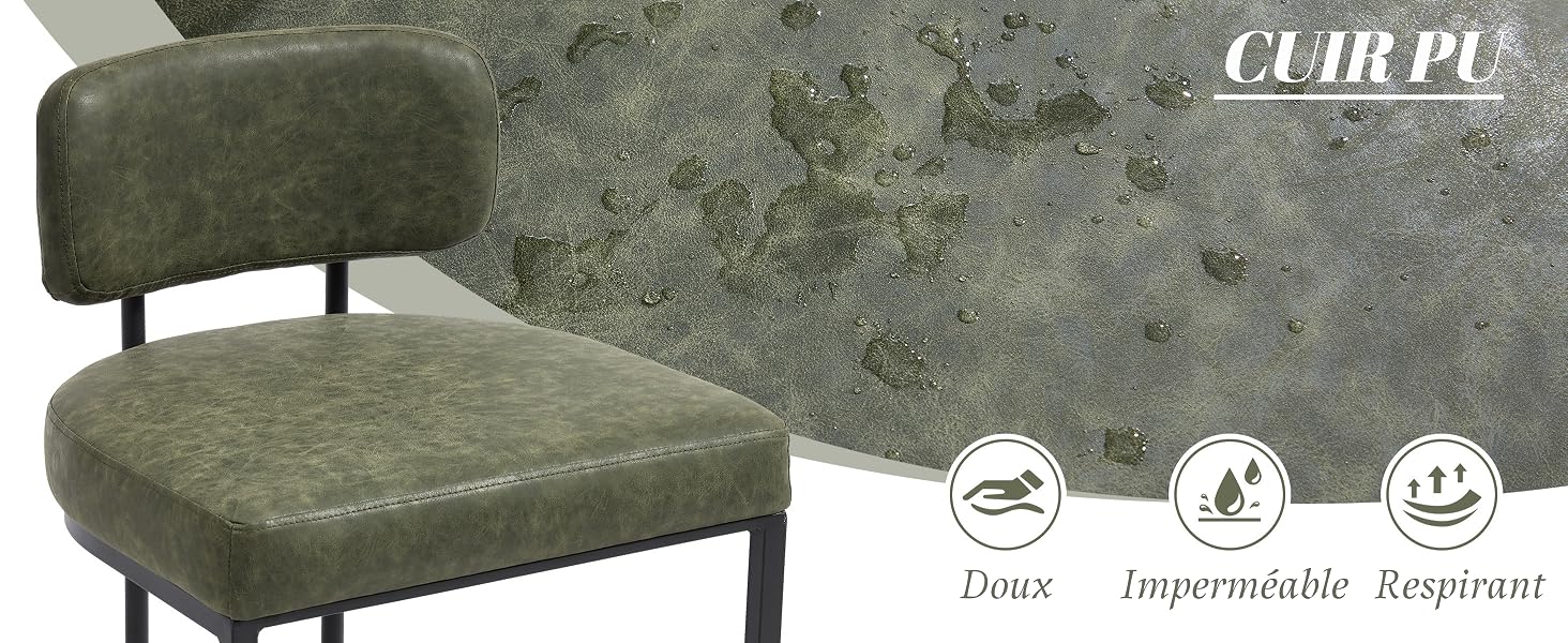 Le texte indique « CUIR PU ». Canapé ou canapé moderne avec revêtement vert olive. Les icônes indiquent les caractéristiques : durable, imperméable, respirant.