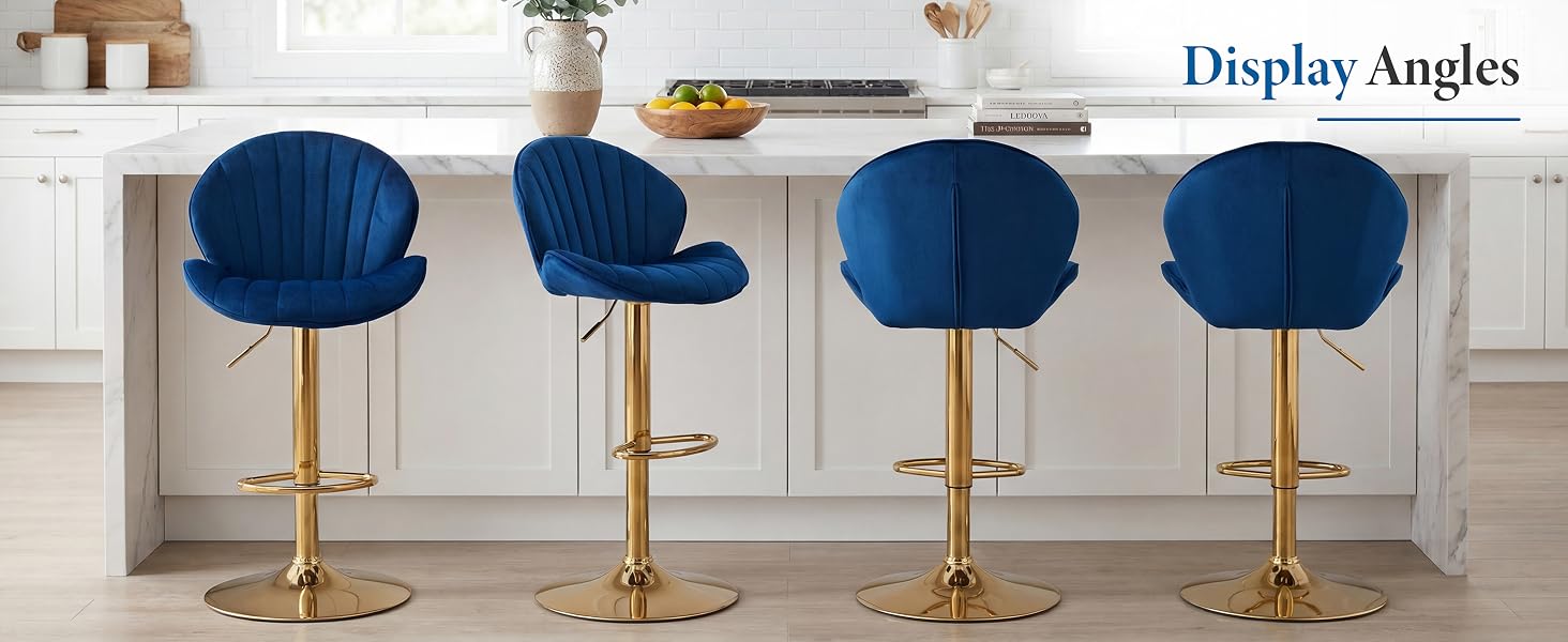 Text reads 'Display Angles'. Modern blue velvet bar stools with gold-toned metal bases shown in sequence along a white kitchen island counter.