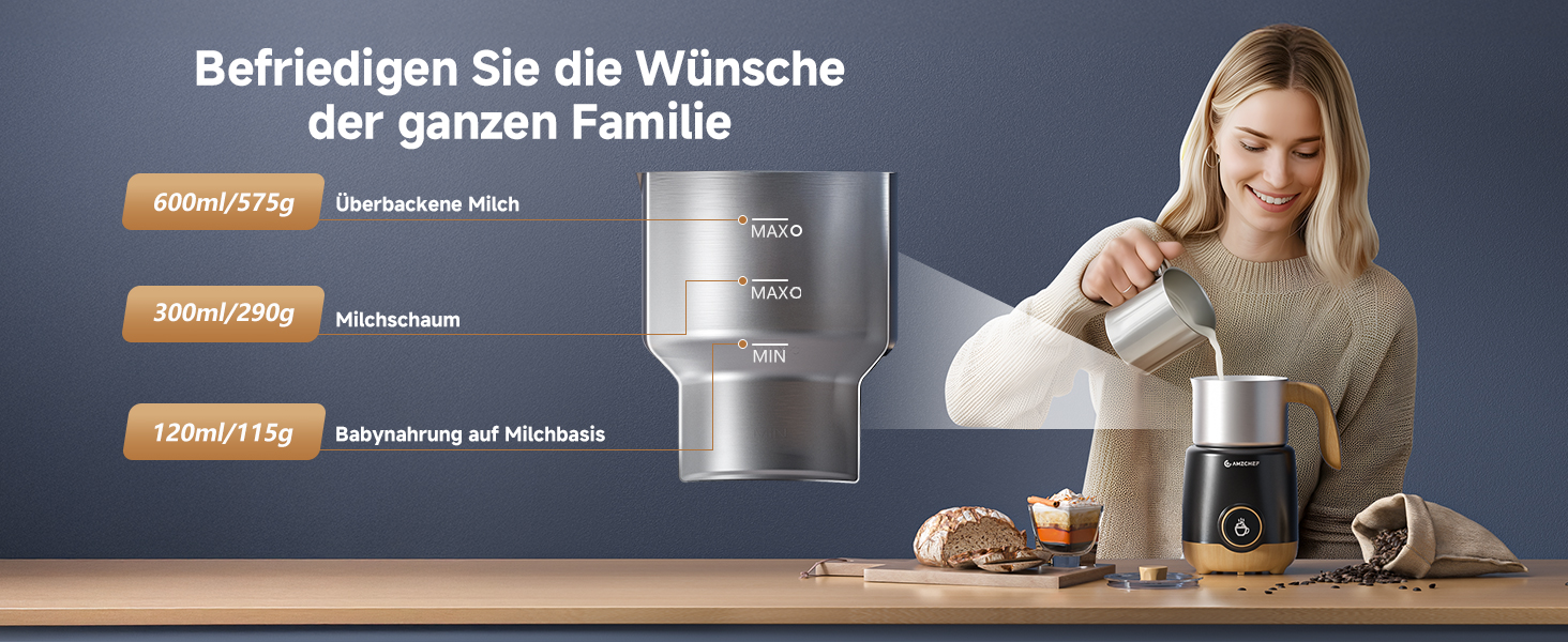 Der Text lautet „Befriedigen Sie die Wünsche der ganzen Familie“. Werbung auf drei Tafeln mit Szenen aus Küchengeräten und der Zubereitung von Speisen.
