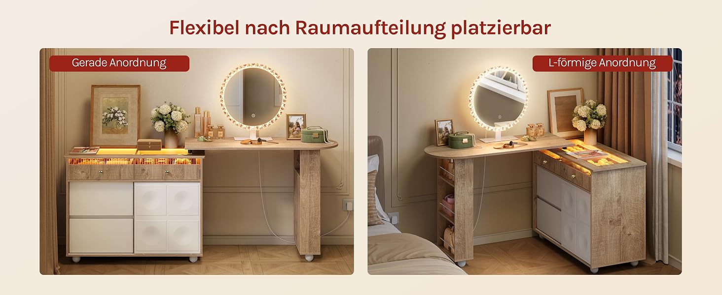 Der Text lautet „Flexibel nach Raumaufteilung platzierbar“ (Flexible Platzierung je nach Raumaufteilung). Dargestellt sind zwei Innenräume mit weißen Schrank-/Aufbewahrungsmöbeln, die in neutralen Wohnräumen unterschiedlich angeordnet sind.