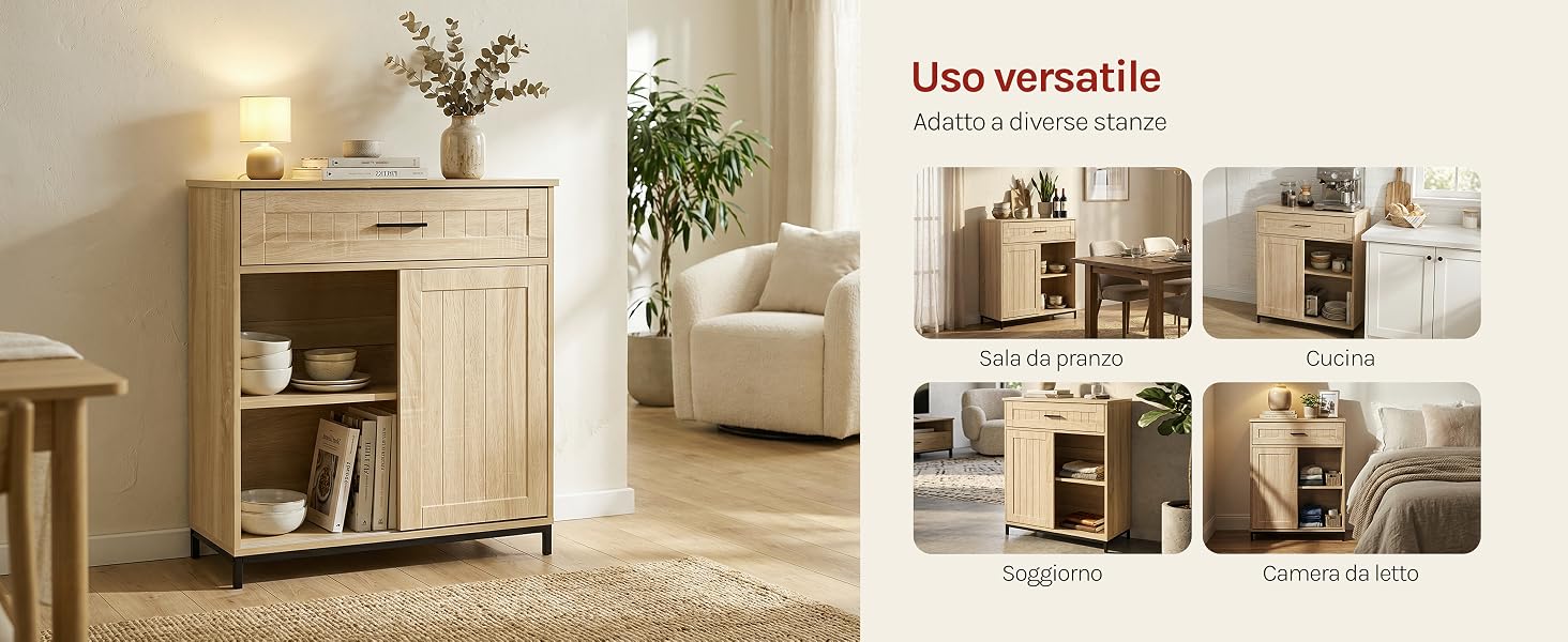 Il testo recita «Uso versatile» e «Adatto a diverse stanze». A sinistra è mostrato un mobile contenitore singolo in legno con ripiani; il pannello destro mostra gli stessi mobili in diverse configurazioni di stanza.