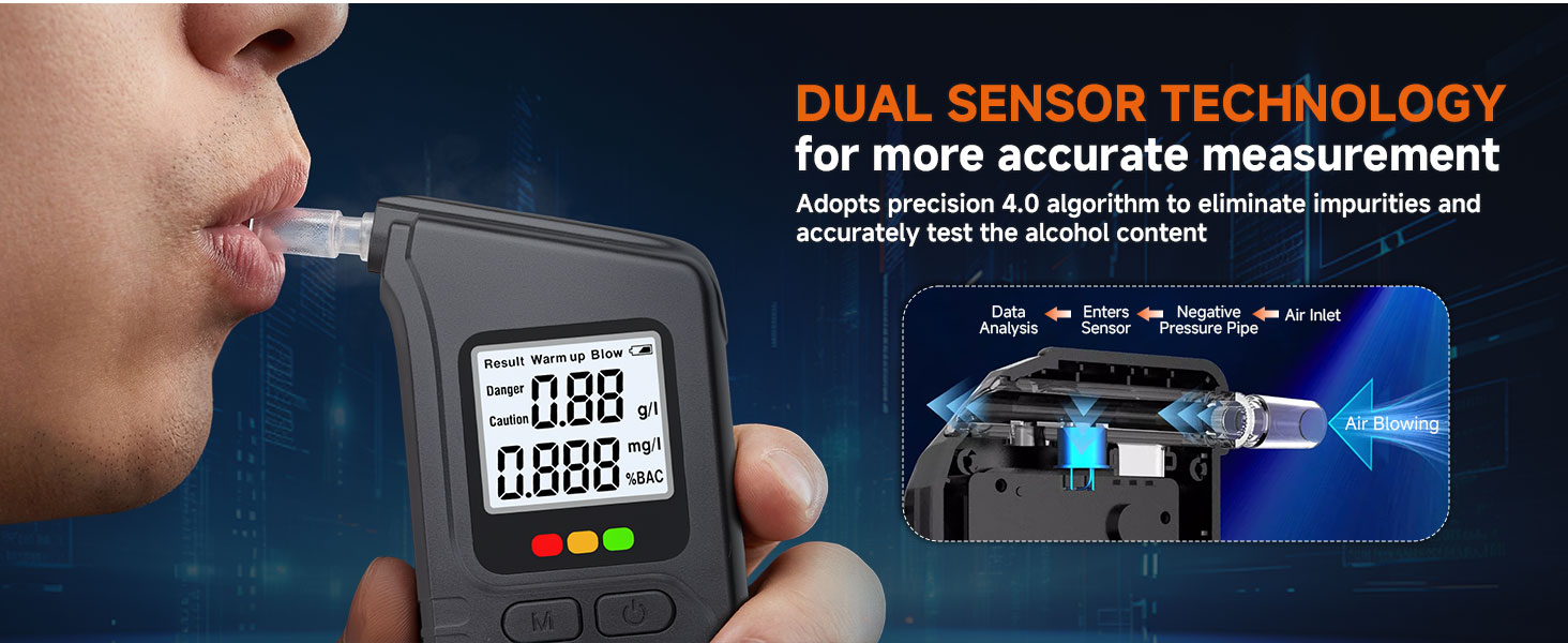 Text reads 'DUAL SENSOR TECHNOLOGY for more accurate measurement'. Electronic device with digital display being demonstrated in use.
