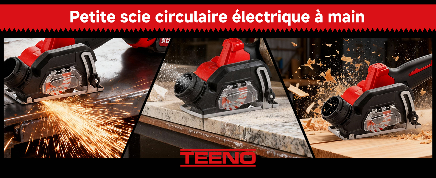 Le texte indique « Petite scie circulaire électrique à main » et « LEETRO ». Plans de produits montrant un outil électrique portatif produisant des étincelles pendant une opération de coupe de métal.