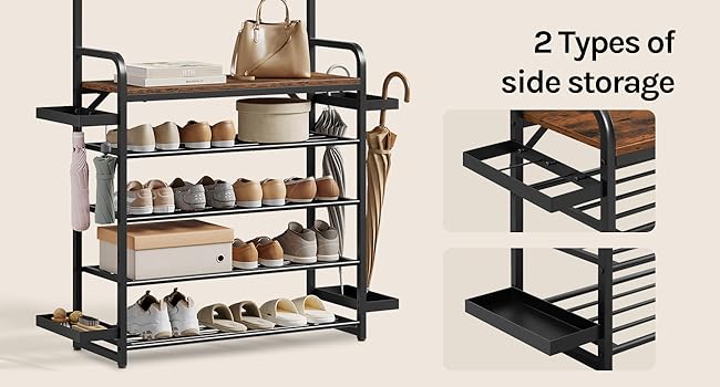 Text reads "2 Types of side storage". Black metal shelving unit with multiple tiers holding decorative items and storage baskets, shown with separate side storage shelf component.