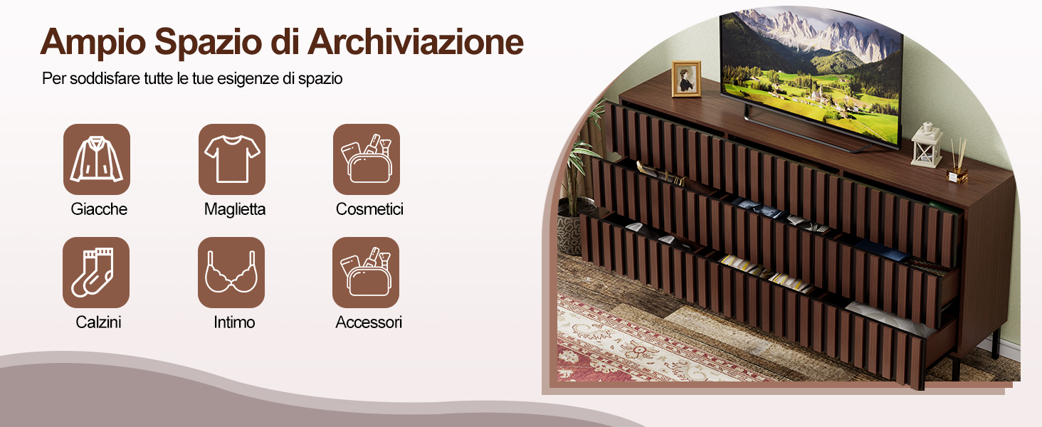 Il testo recita «Ampio Spazio di Archiviazione» con icone per LIBRI, GIOCHI, LIBRI, OROLOGI, ACCESSORI. Armadio portaoggetti in legno con ripiani aperti su sfondo bianco, con più scomparti.