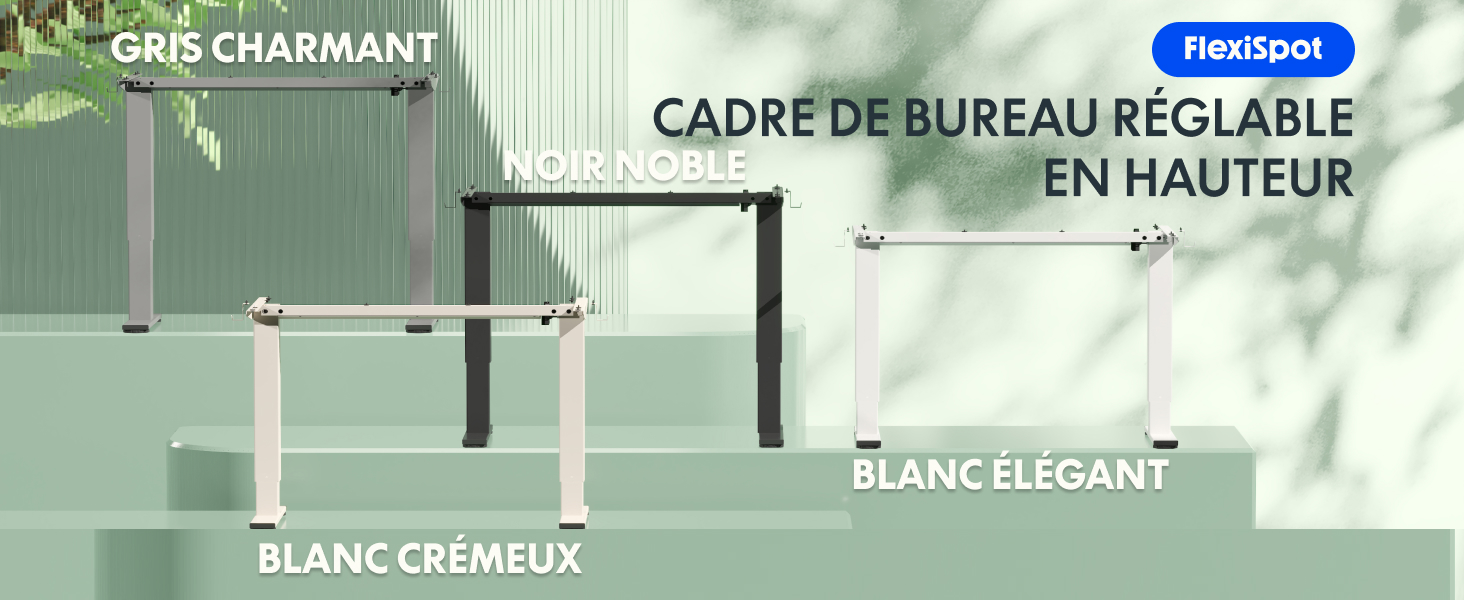 Le texte se lit comme suit : « GRIS CHARMANT », « CADRE DE BUREAU REGLABLE EN HAUT », « BLANC ELEGANT », « BLANC CREMEUX ».
