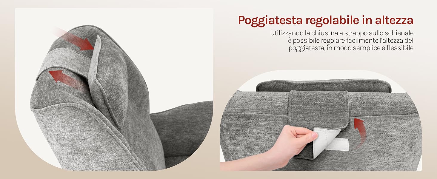 Il testo dice «Poggiatesata regolabile in altezza» e la descrizione del prodotto in italiano. Materiale in feltro grigio mostrato con funzione regolabile in altezza e tessuto illustrato a mano.