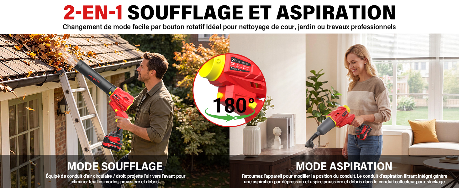 Le texte indique « SOUFLAGE ET ASPIRATION 2-EN-1 » avec le logo « TBI ». Affiche une vue divisée : « MODE SOUFLAGE » (mode soufflage) et « MODE ASPIRATION » (mode aspiration). Démonstration du produit avec une personne à l'extérieur et à l'intérieur.