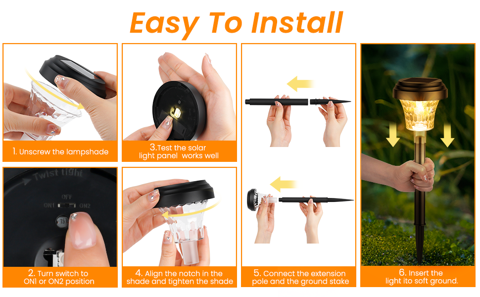Installation steps for outdoor solar light: unscrew top, insert stake, reassemble, and place in garden. Final image shows illuminated light in darkness.