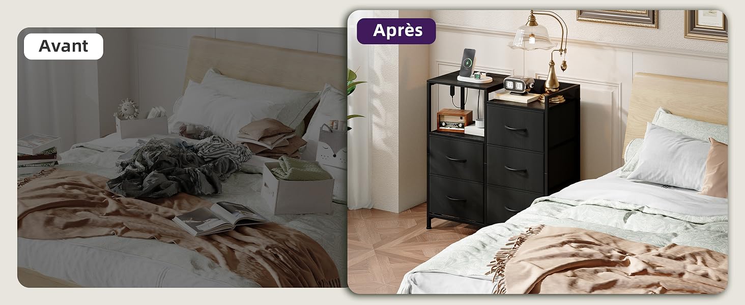 Le texte se lit comme suit : « Avanti » (apparaît deux fois). Scène de chambre étiquetée « Avanti » montrant un lit avec une literie froissée à gauche ; scène de chambre montrant une table de chevet noire avec une literie blanche à droite.