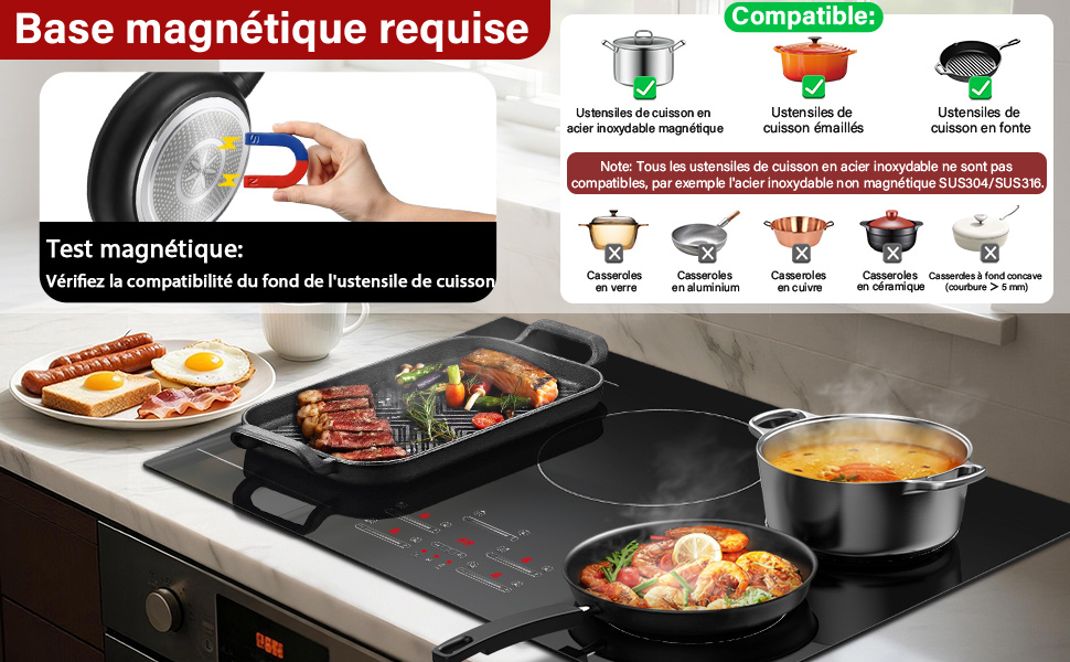 Le texte indique « Base magnétique requise » et « Test magnétique ». Surface de cuisson à induction avec plusieurs casseroles affichant des icônes de compatibilité pour différents types d'ustensiles de cuisine.
