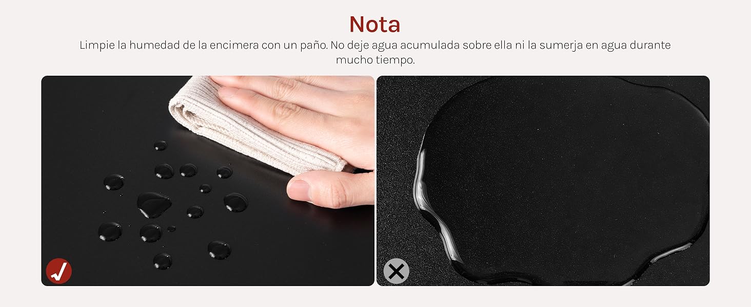 El texto dice «Nota». Secuencia de demostración que muestra gotas de agua sobre una superficie oscura con indicadores de prueba o medición.